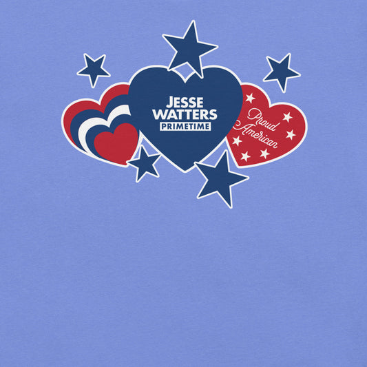 Close-up of the crisp hearts and stars graphic and FOX News logo on a red t-shirt.