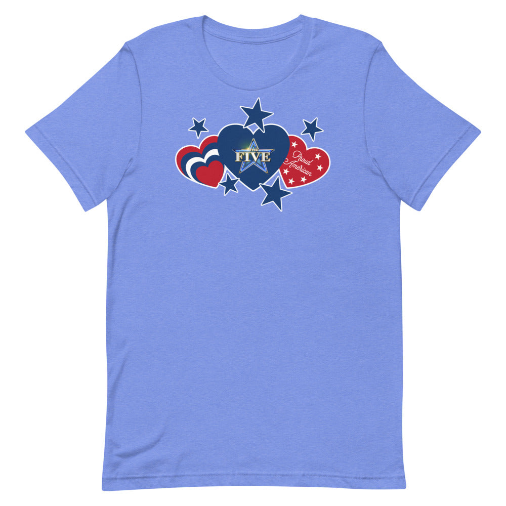 A front view of The Five Proud American Hearts and Stars T-Shirt in Heather Columbia Blue featuring a red, white, and blue logo.
