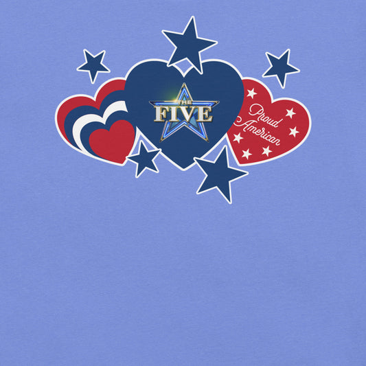 Close-up of the patriotic hearts and stars design on a Red version of The Five t-shirt.