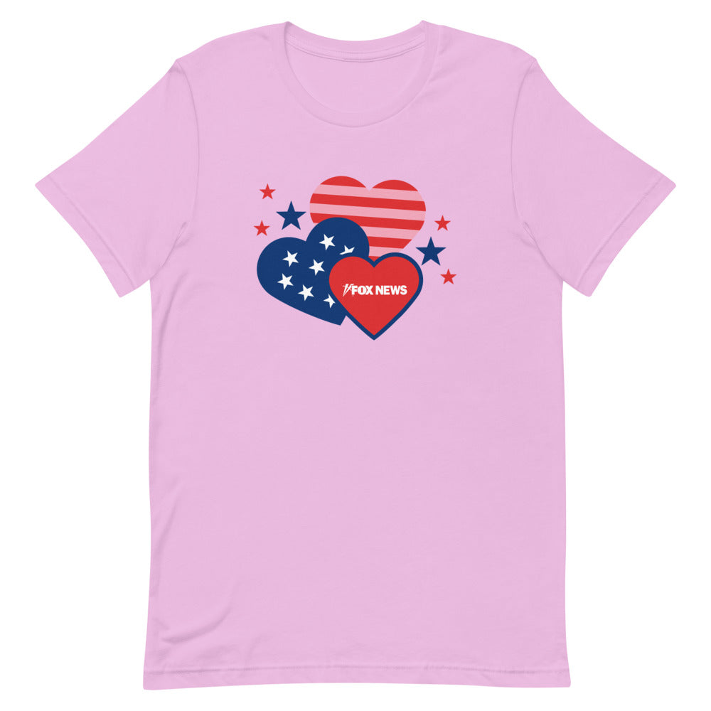 The *FOX News* Hearts Unisex T-Shirt displayed neatly on a white background, emphasizing the patriotic red, white, and blue colors.