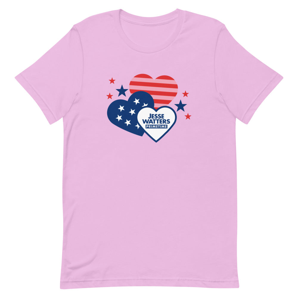 Detailed view of the Jesse Watters Primetime Hearts shirt highlighting the high-quality fabric and print.