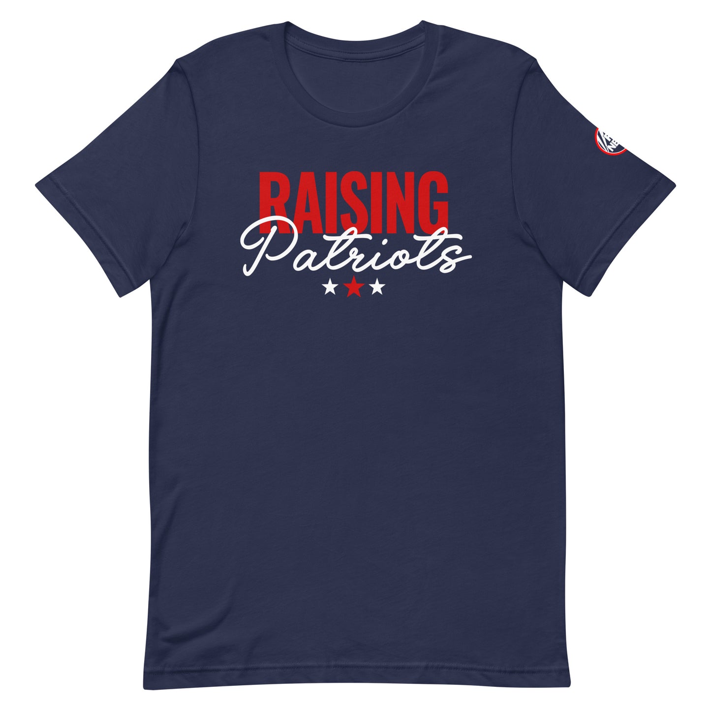 A proud American father wearing the FOX News Raising Patriots T-Shirt in a clean backyard setting.