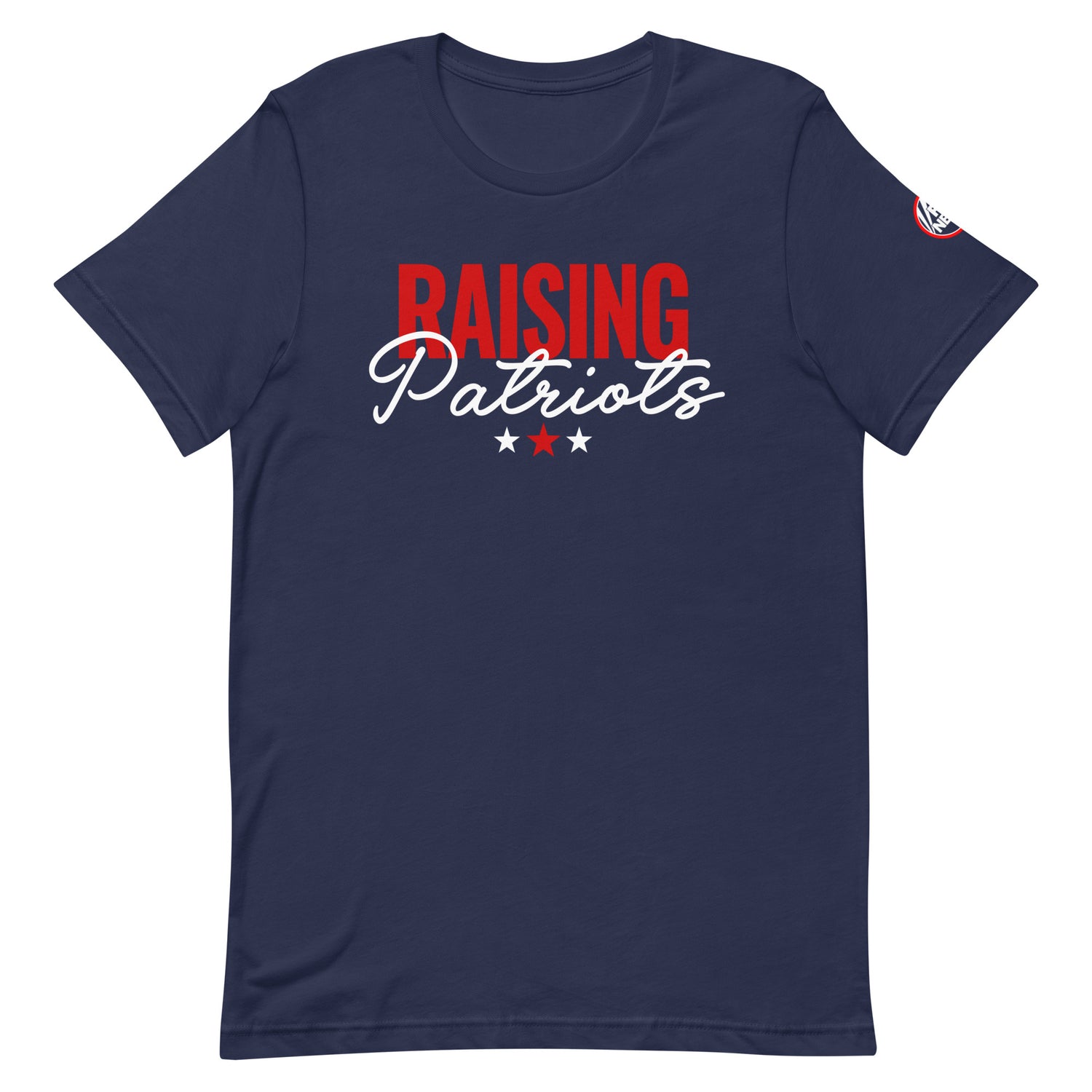 A proud American father wearing the FOX News Raising Patriots T-Shirt in a clean backyard setting.