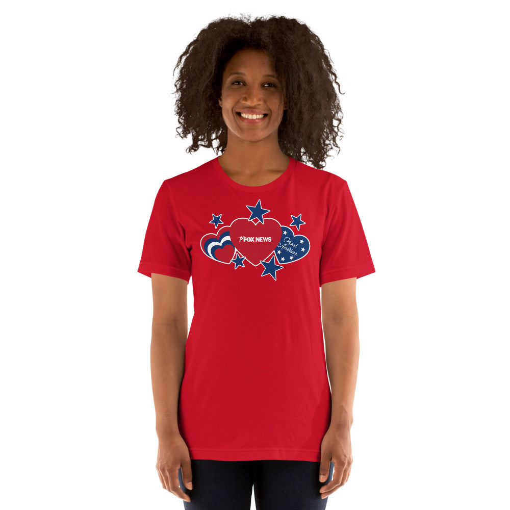 A close-up of the FOX News logo and Proud American branding on the inner neck area of the T-shirt.