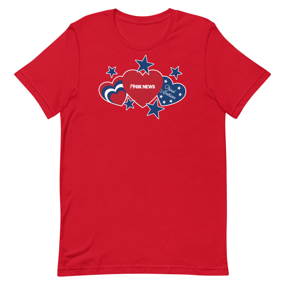 Flat lay of the FOX News Proud American Hearts and Stars T-Shirt, emphasizing the vibrant colors and patriotic theme.