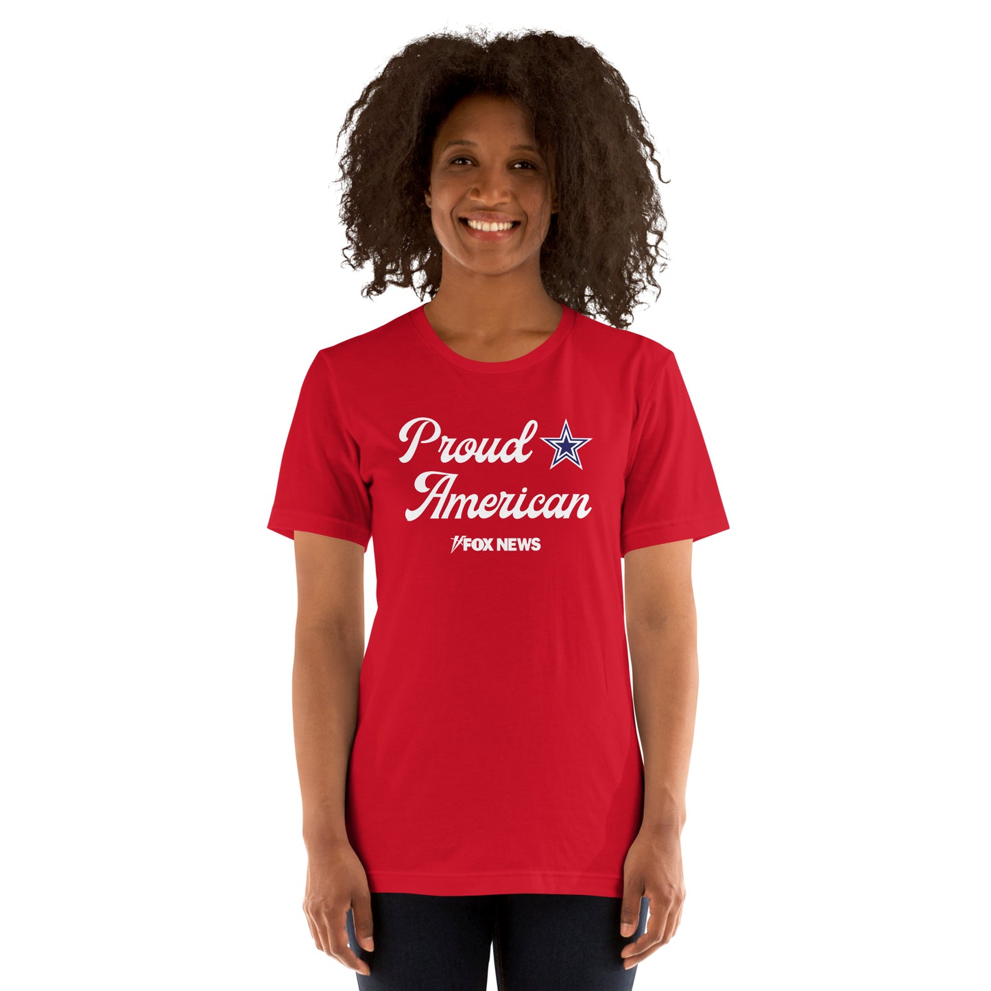 Flat lay of the Red FOX News Proud American T-Shirt on a clean white background.
