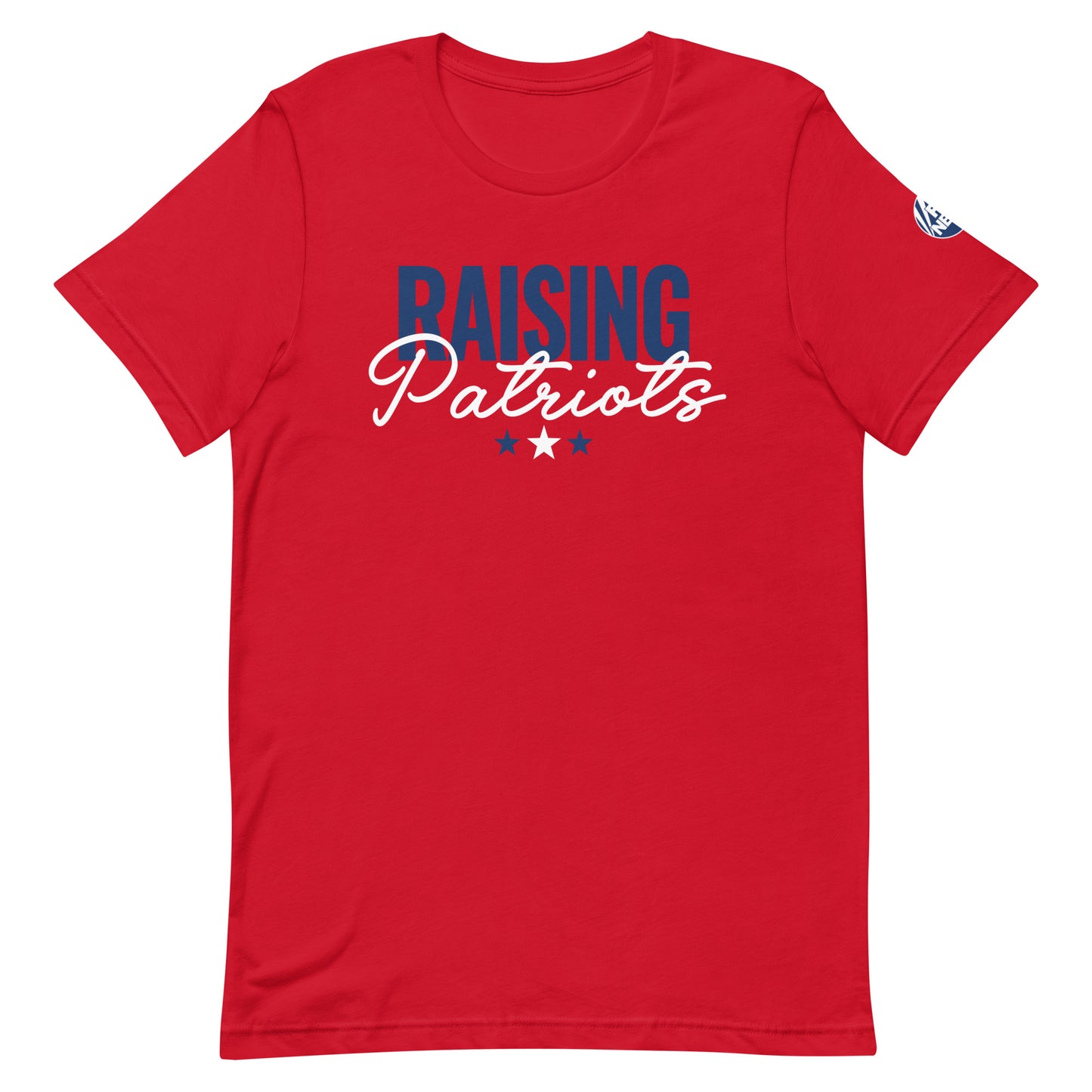 Close up of the crisp FOX News Raising Patriots graphic on a red cotton T-shirt.