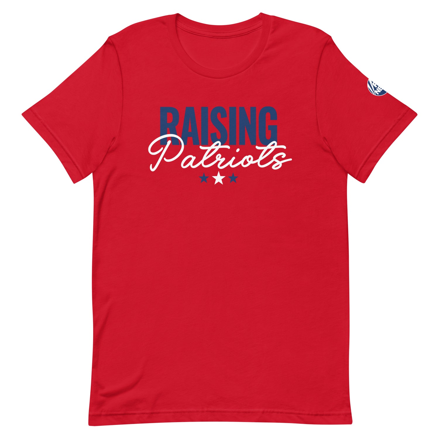 Close up of the crisp FOX News Raising Patriots graphic on a red cotton T-shirt.