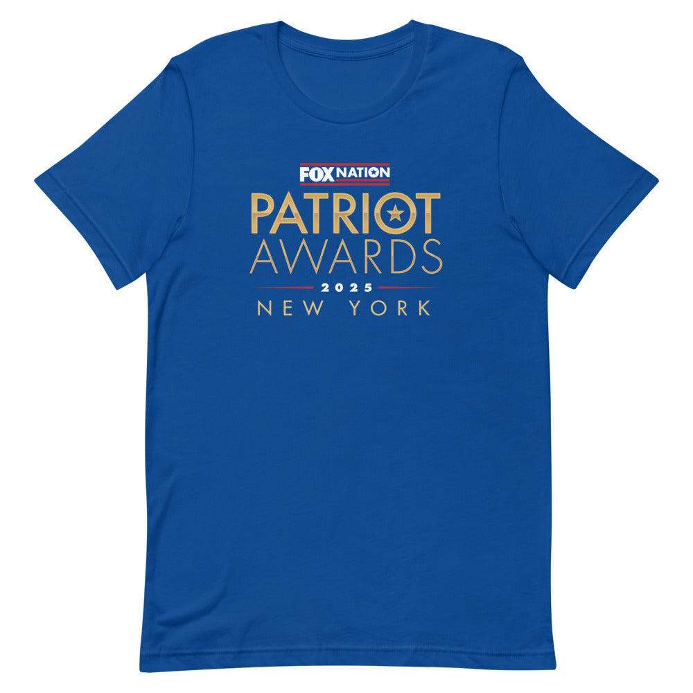 Close-up of the crisp FOX Nation logo and Patriot Awards 2025 graphic on a royal blue T-shirt.