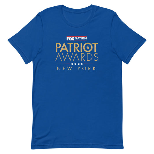 Close-up of the crisp FOX Nation logo and Patriot Awards 2025 graphic on a royal blue T-shirt.