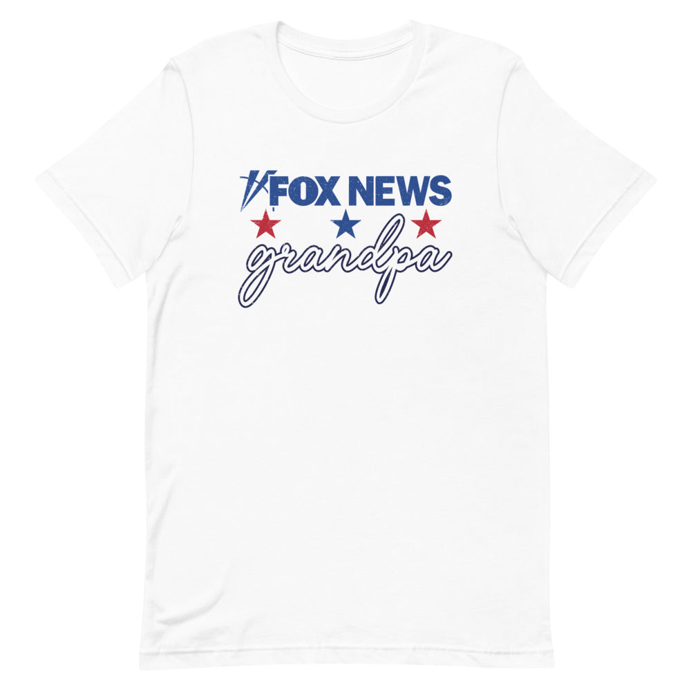 An outdoor suburban patio setting featuring a senior American man wearing the FOX News graphic tee.