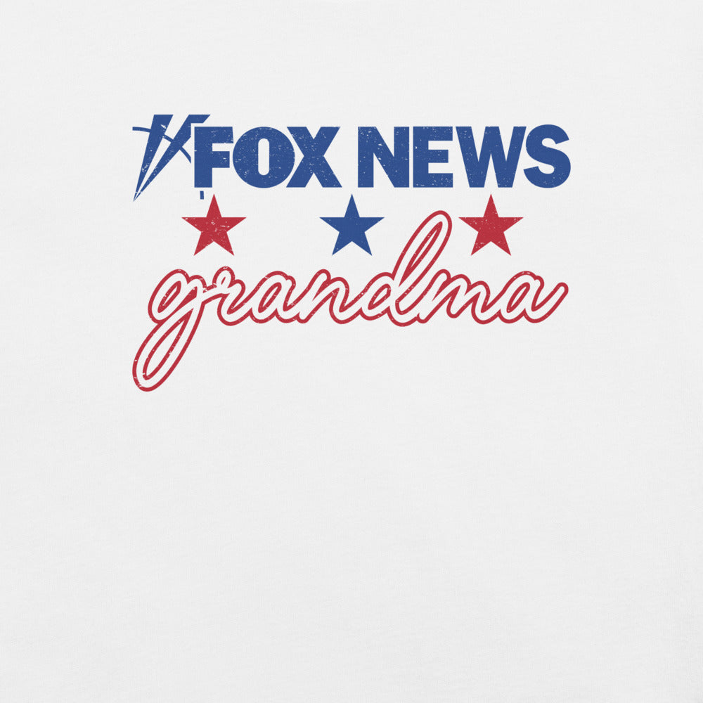 Close-up of the FOX News logo and Grandma design on high-quality t-shirt fabric.