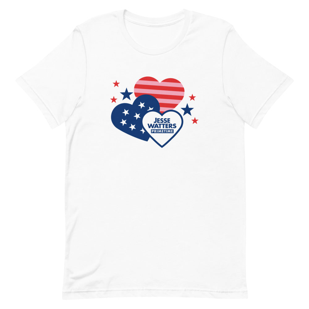 A woman wearing the Jesse Watters Primetime Hearts T-Shirt while relaxing in a modern American living room.
