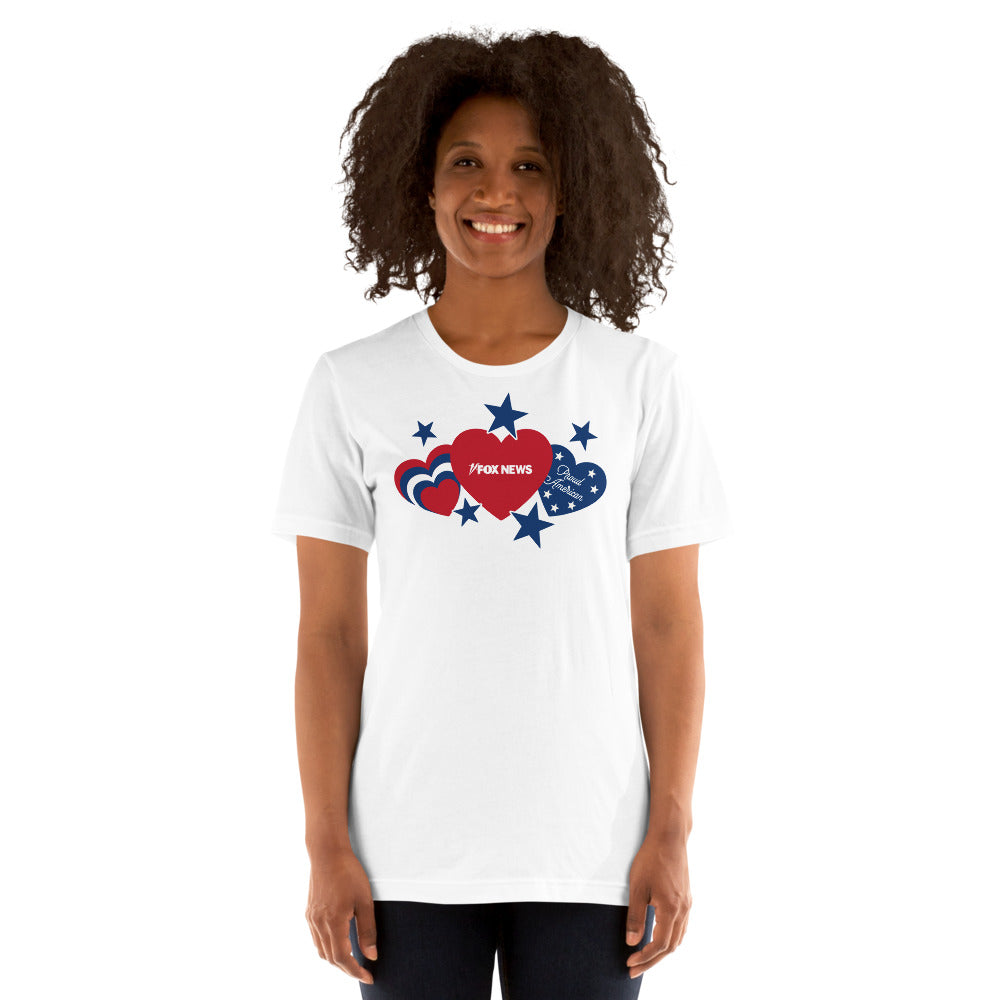 Full view of the FOX News Proud American Hearts and Stars T-Shirt collection in various sizes and colors.