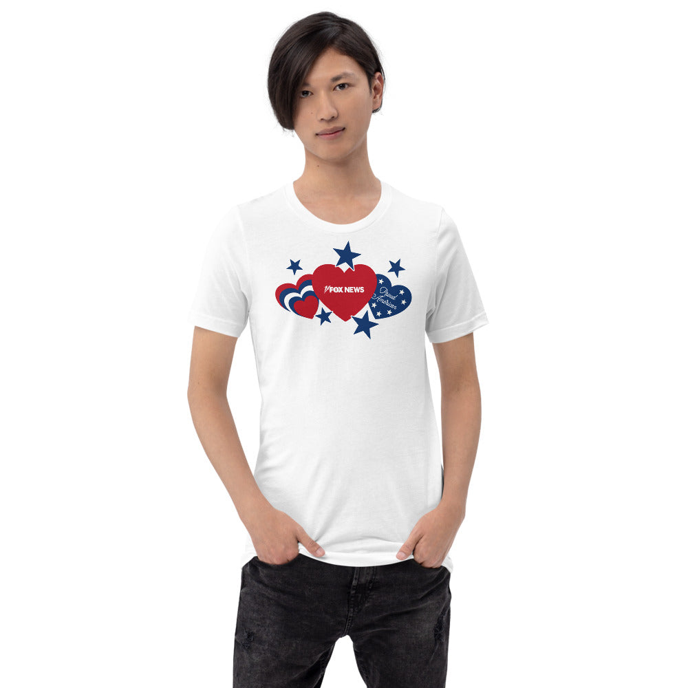 Detailed view of the stitching and fabric texture of the FOX News Hearts and Stars T-Shirt.