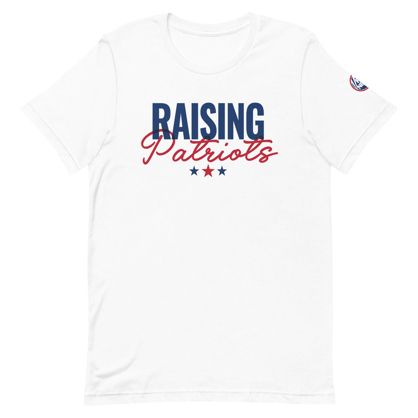 A woman wearing the white FOX News Raising Patriots T-Shirt in a comfortable suburban living room.