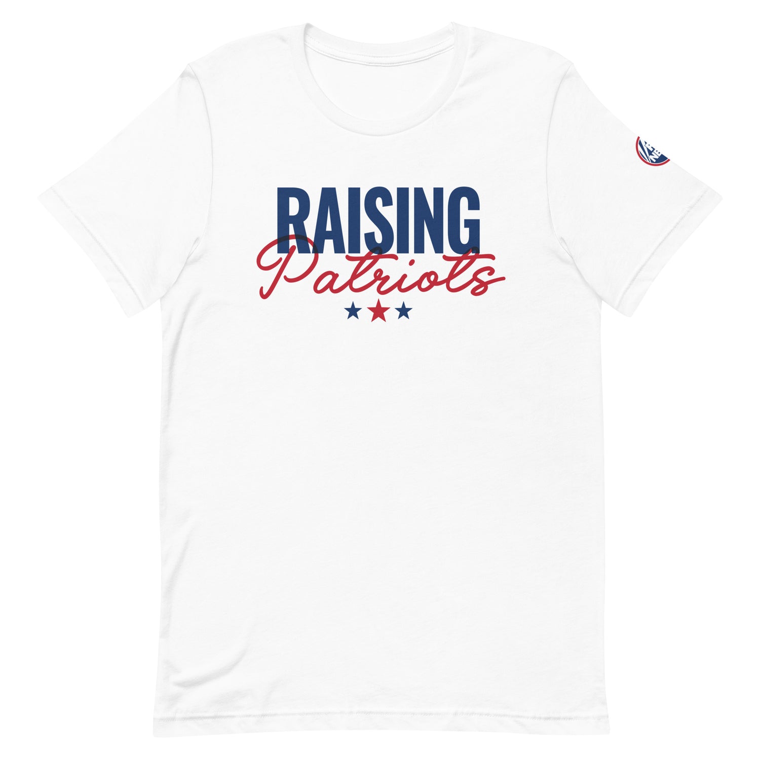 A woman wearing the white FOX News Raising Patriots T-Shirt in a comfortable suburban living room.