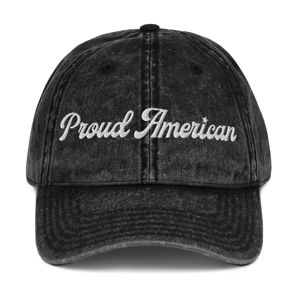 A clean lifestyle product shot of the FOX News Proud American Script Embroidered Denim Hat showing crisp front script embroidery.