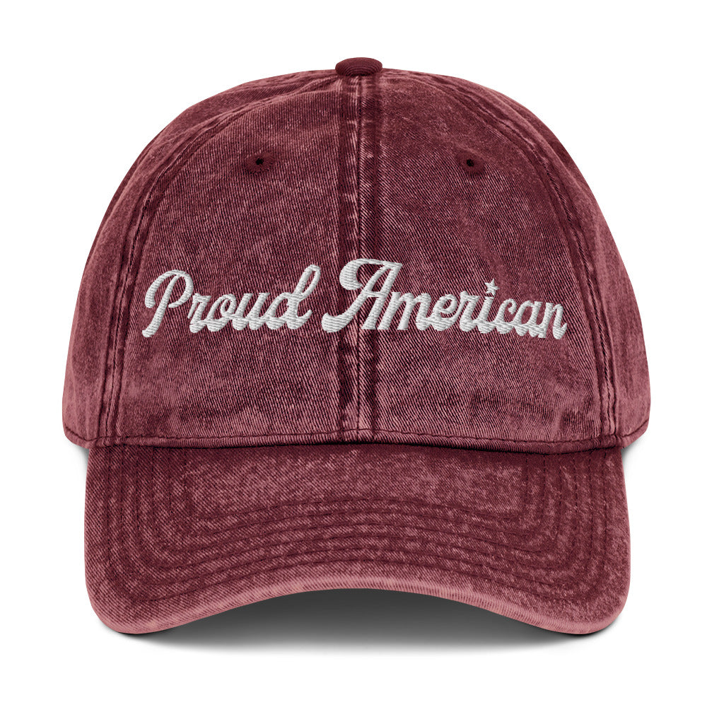 A close-up view of the detailed script embroidery on the FOX News Proud American Denim Hat.