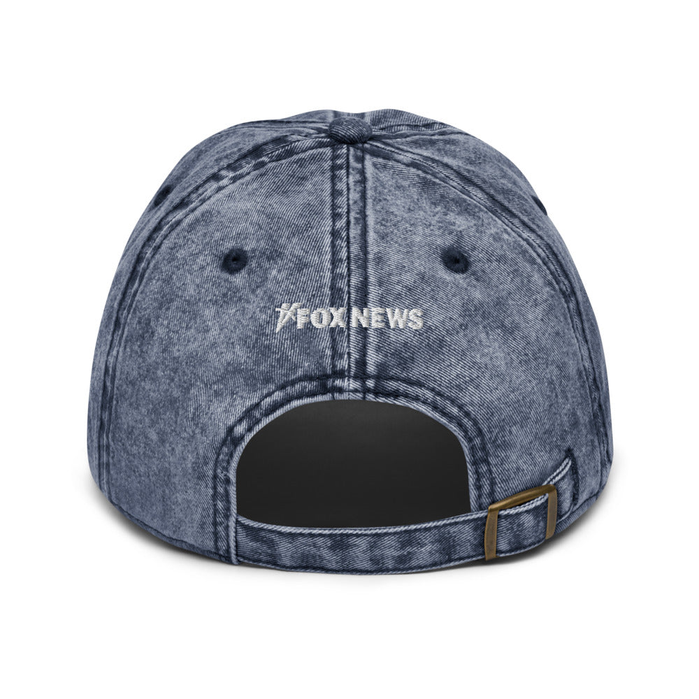 Red variant of the FOX News Proud American denim hat featuring the signature embroidered design.