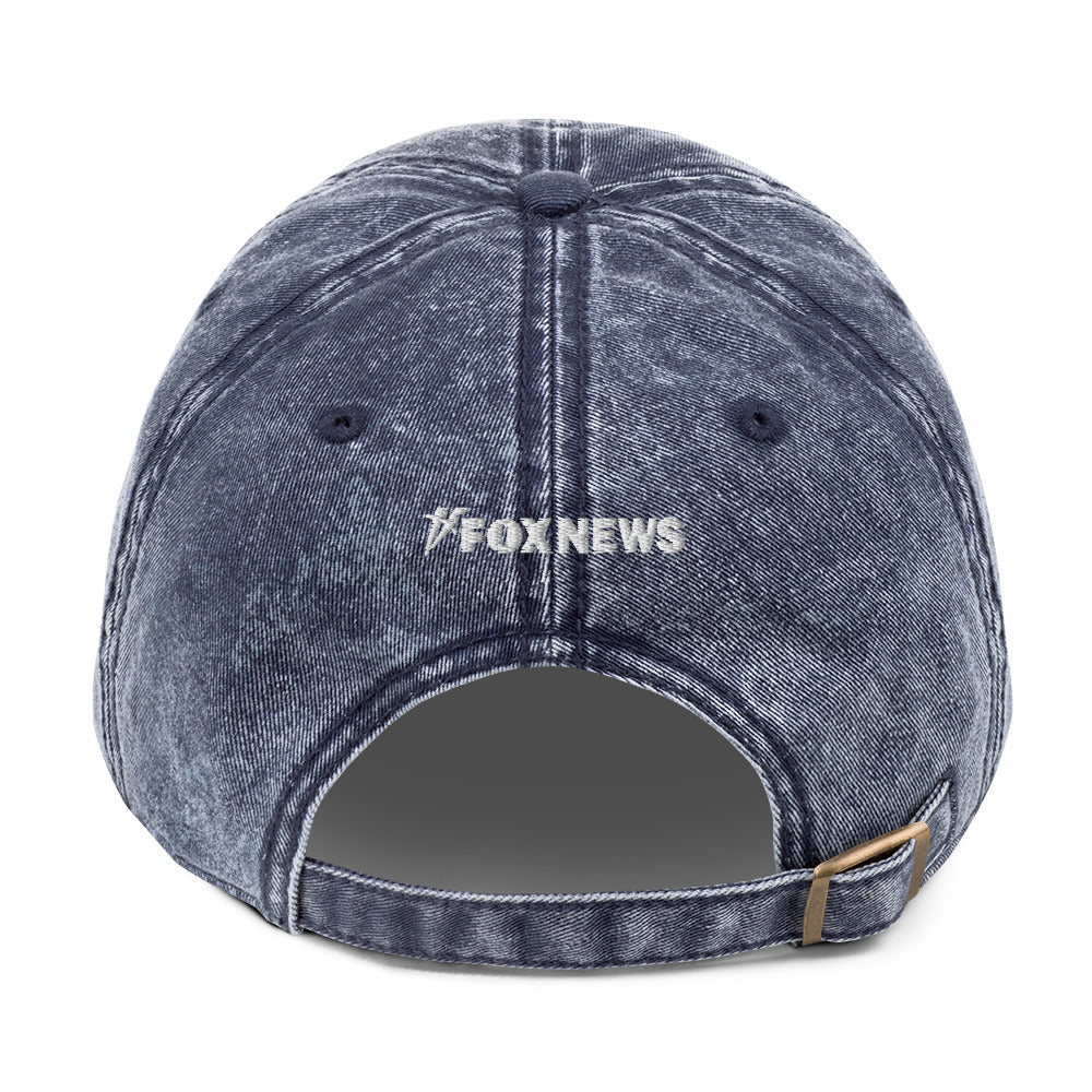 A side-profile shot of the FOX News Proud American Denim Hat highlighting its structured shape and premium stitching.