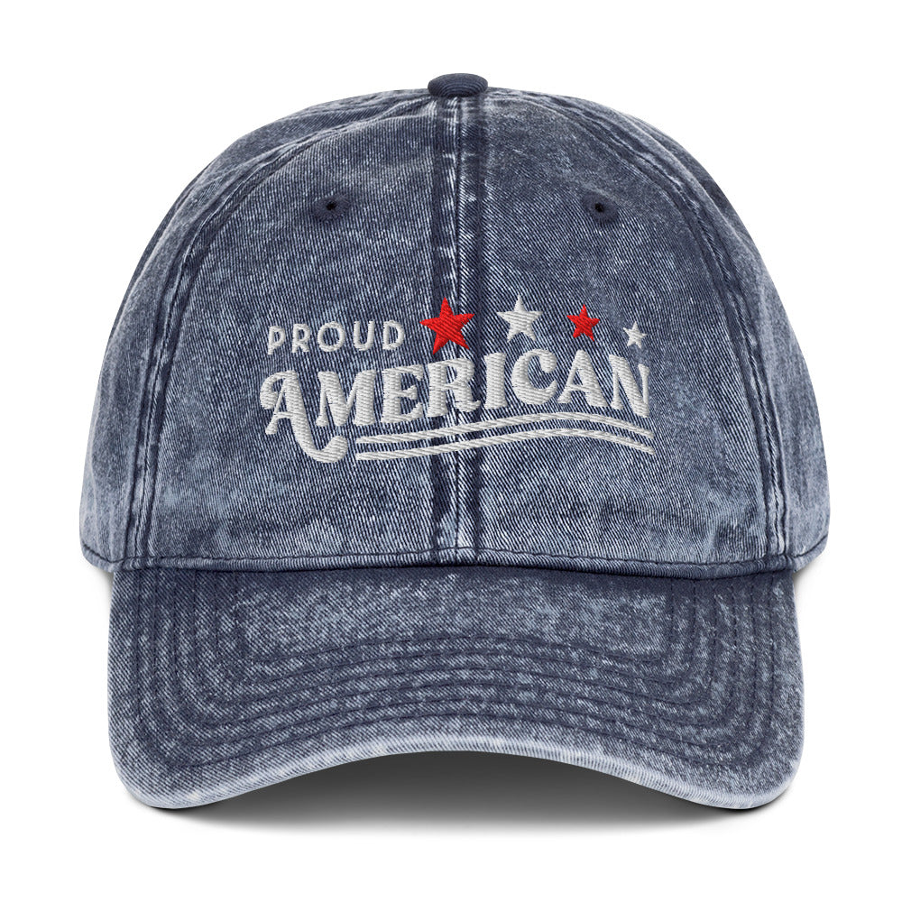 Official FOX News Proud American embroidered denim hat in navy blue shown on a clean background.