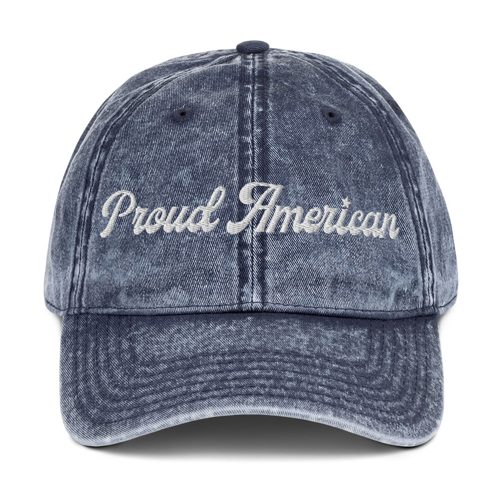 A modern American living room setting featuring the FOX News Proud American Script Embroidered Denim Hat resting neatly on a rustic wooden table.