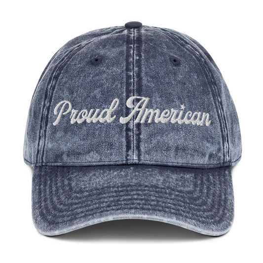 A modern American living room setting featuring the FOX News Proud American Script Embroidered Denim Hat resting neatly on a rustic wooden table.