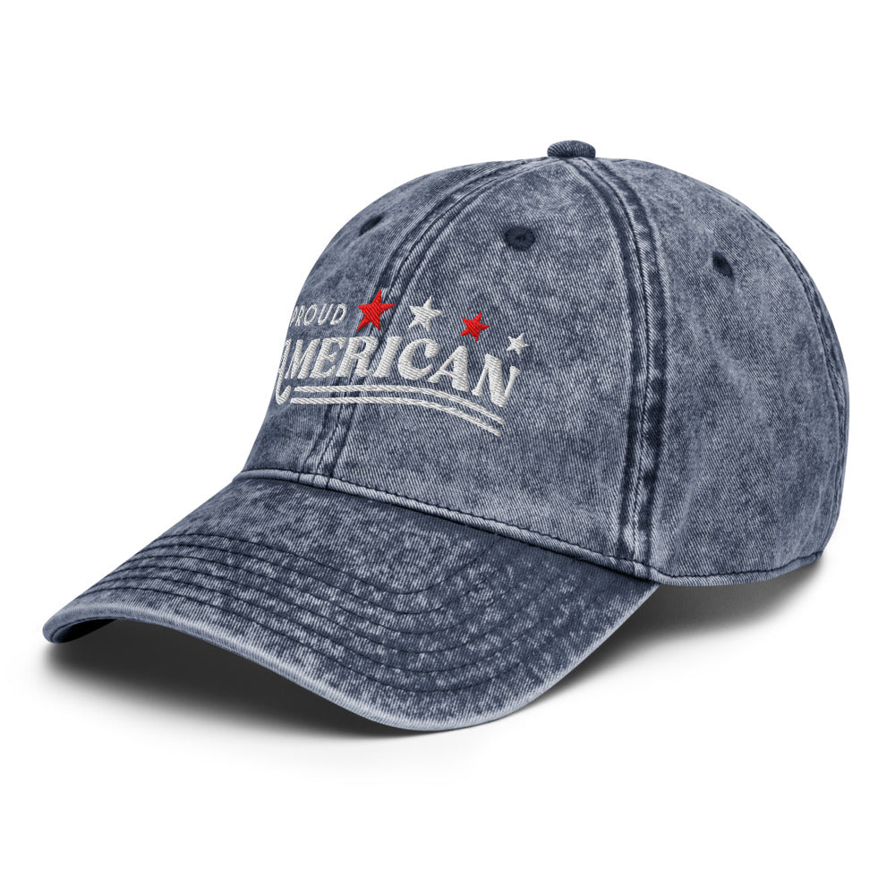Close-up of the bold white embroidery on the FOX News Proud American denim hat.