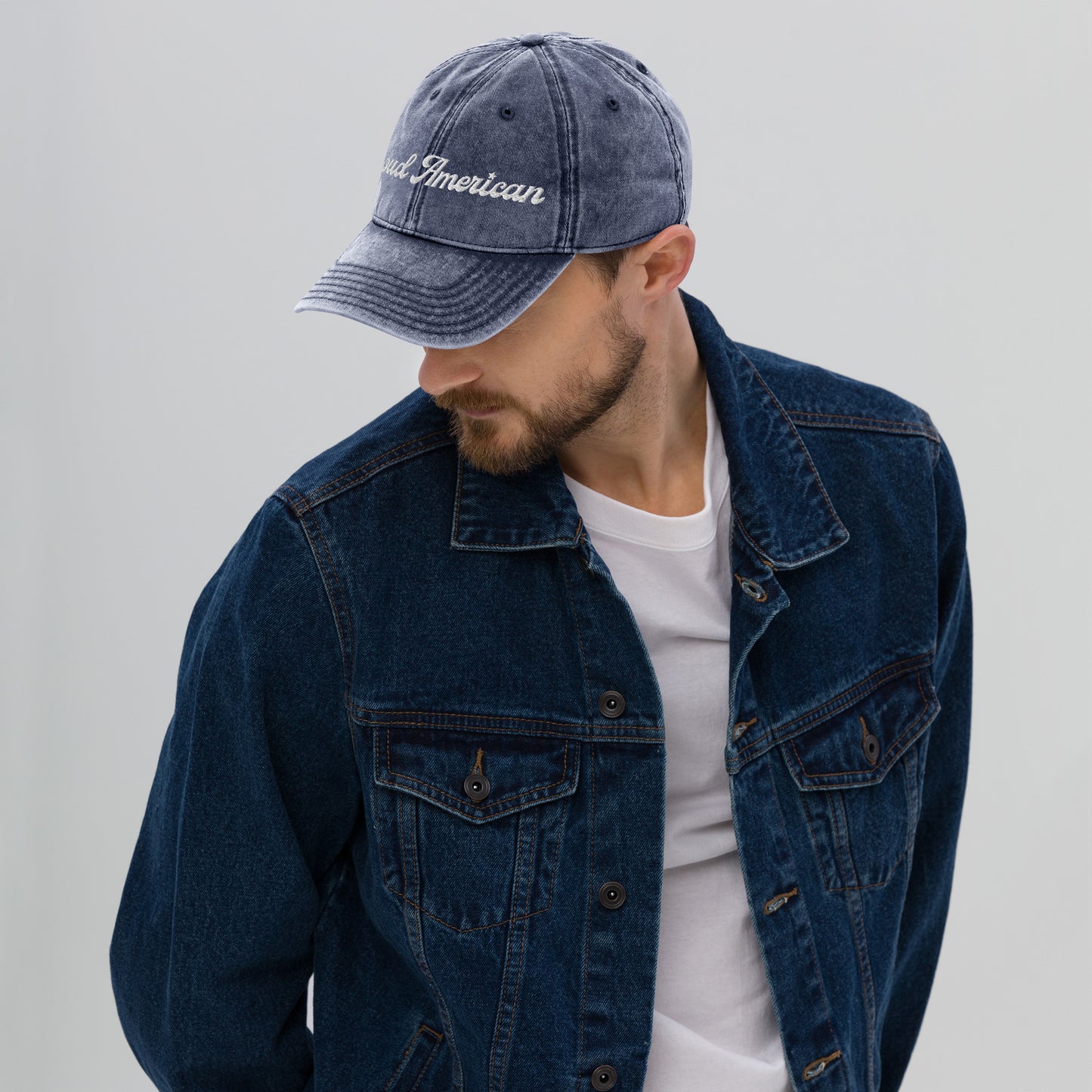 A detailed shot highlighting the textured denim fabric of the FOX News Proud American Hat.