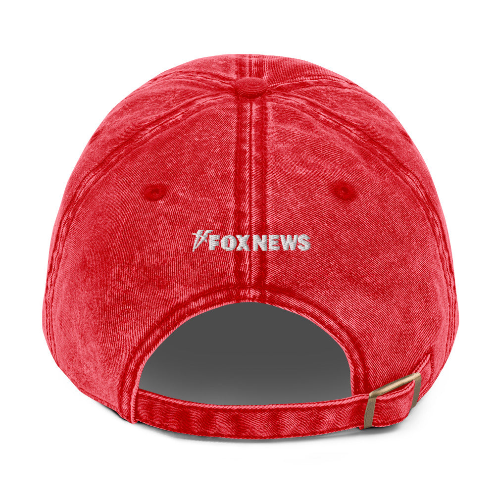 A rear-view shot of the FOX News Proud American Denim Hat showcasing the adjustable strap and durable hardware.