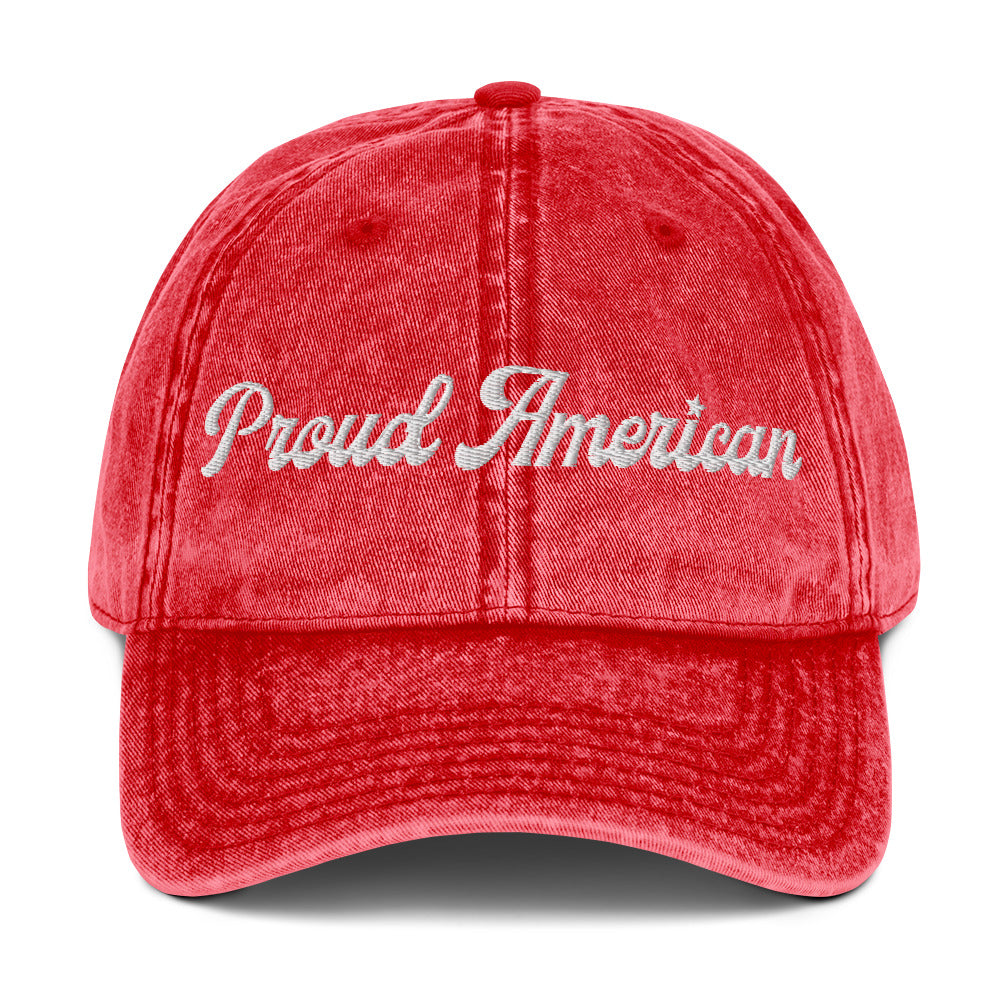 A backyard morning coffee setting with the FOX News Proud American Script Embroidered Denim Hat displayed outdoors in natural sunlight.