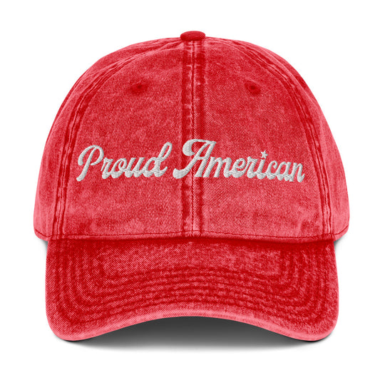 A backyard morning coffee setting with the FOX News Proud American Script Embroidered Denim Hat displayed outdoors in natural sunlight.