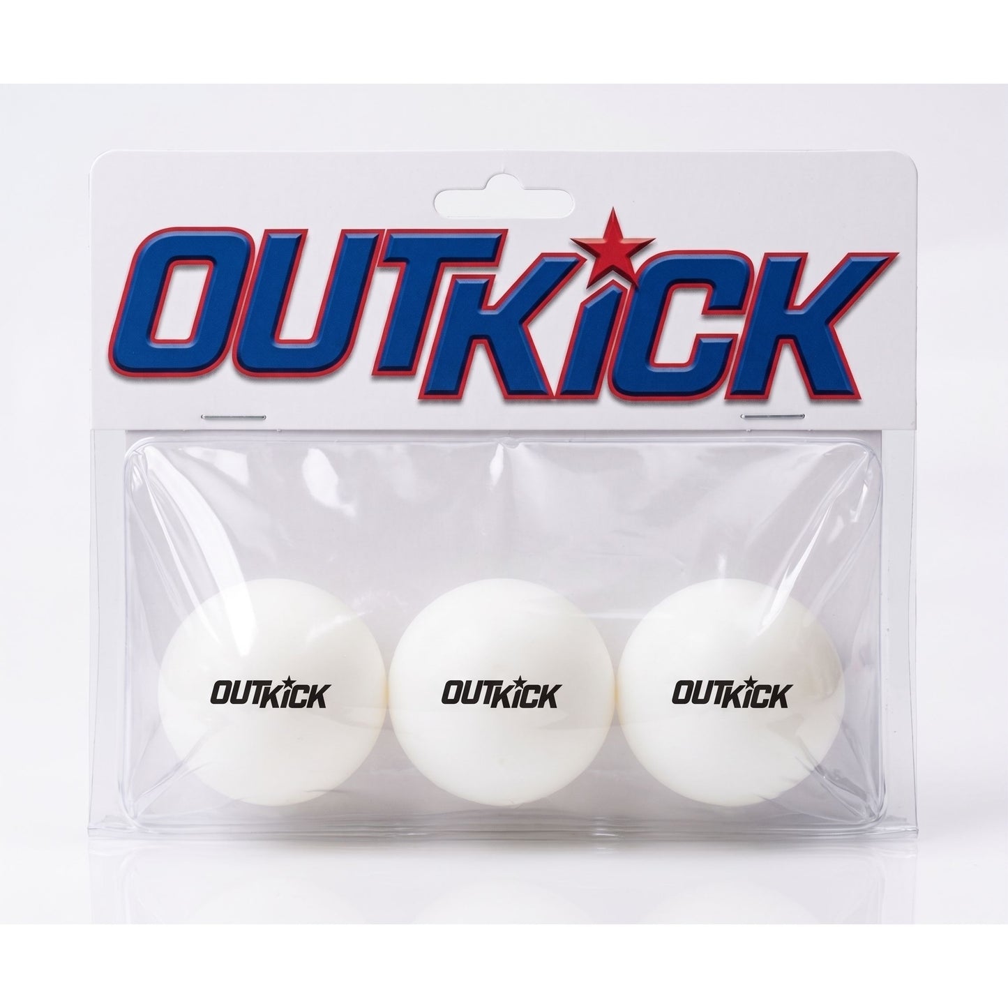 Close-up view of a single white ping pong ball featuring the bold black OutKick logo clearly printed on the surface