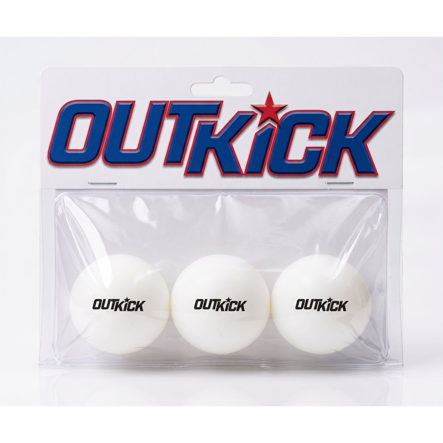 Close-up view of a single white ping pong ball featuring the bold black OutKick logo clearly printed on the surface