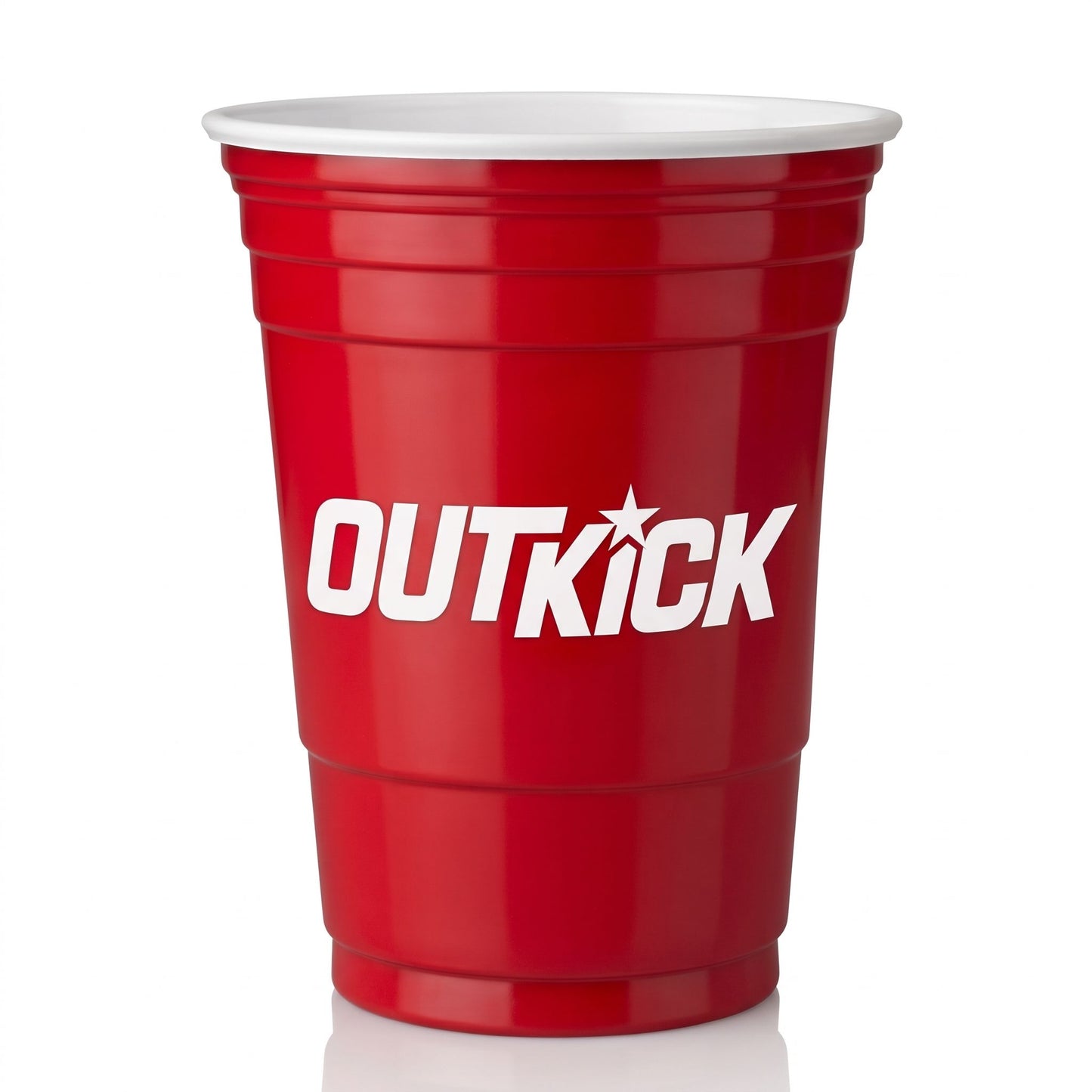 Front view of the OutKick reusable red 16 oz double wall cup featuring the white OutKick logo