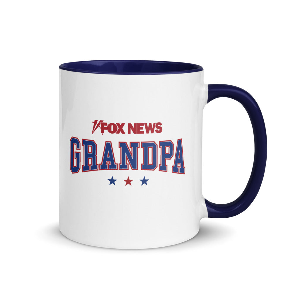 Close-up of the crisp *FOX News* logo and Grandpa design on a high-quality ceramic two-tone mug.