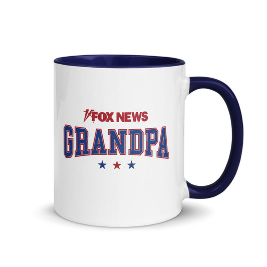 Close-up of the crisp *FOX News* logo and Grandpa design on a high-quality ceramic two-tone mug.
