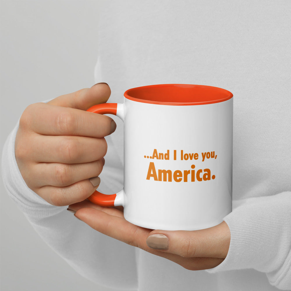 The Gutfeld! And I Love You America mug placed on a clean suburban kitchen table during a morning routine.