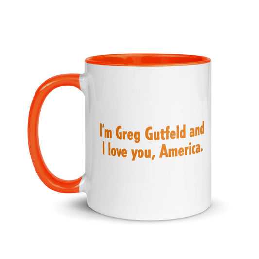 Gutfeld! Love You America Two-Tone Mug featuring orange interior and handle on a clean kitchen counter.