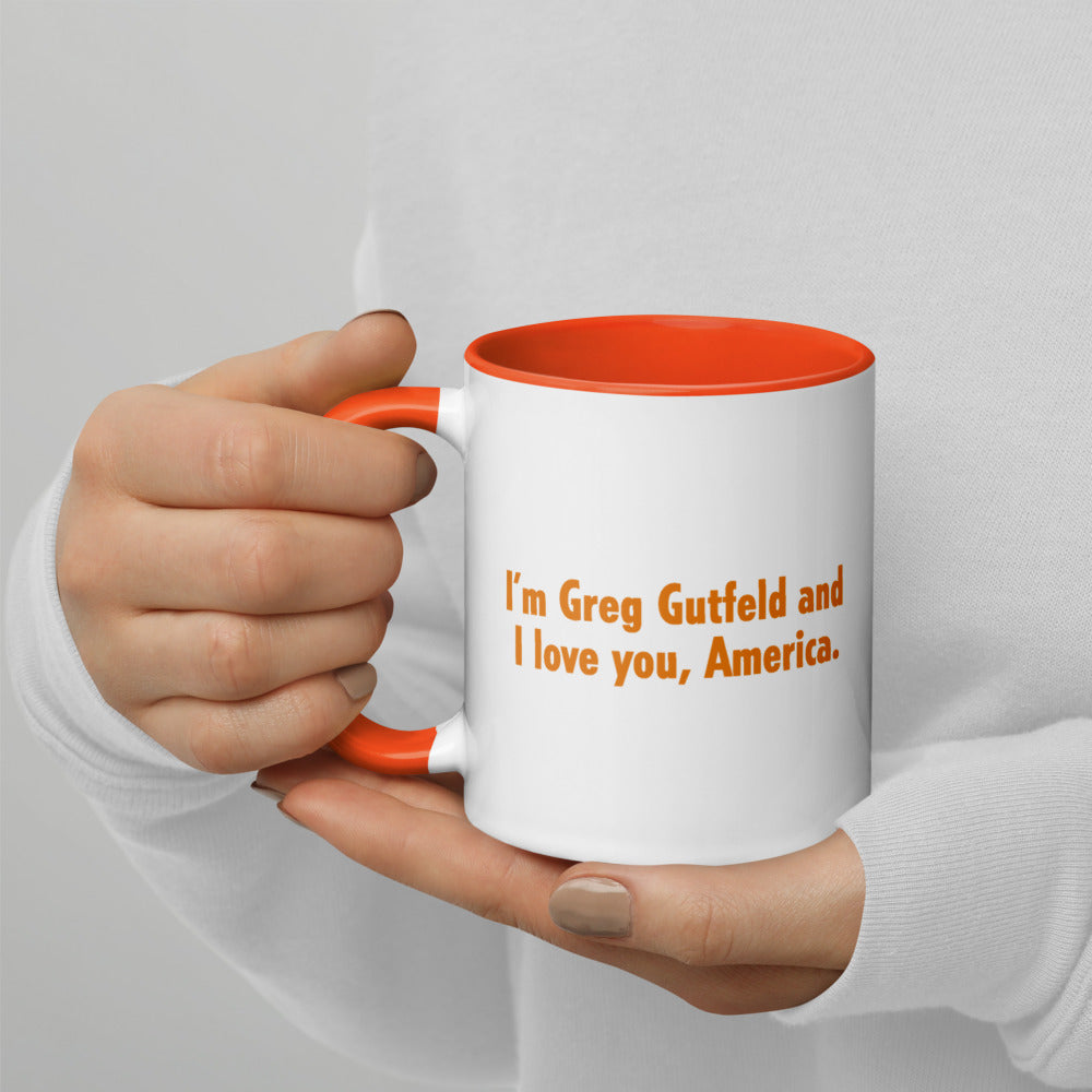 Side view of the 11 oz Gutfeld! mug highlighting the vibrant orange handle against a suburban home background.