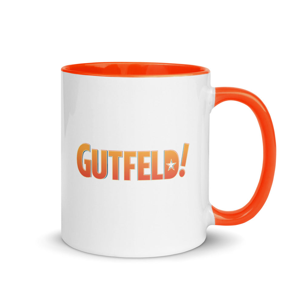 A high-quality ceramic coffee cup featuring the bold FOX News Gutfeld! show branding and patriotic sentiment.