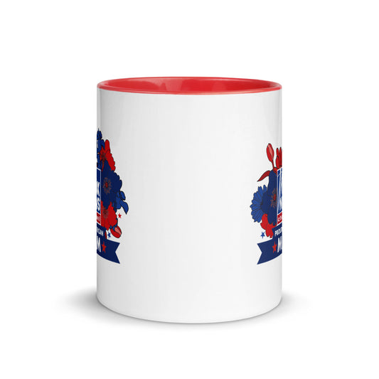 A close-up product shot of the white ceramic mug with a red interior, displaying the crisp FOX News Proud American Mom graphic design.