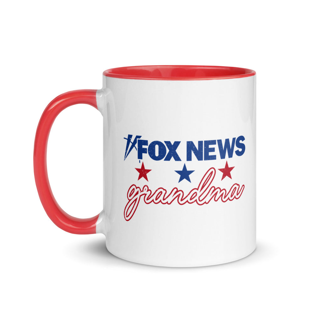 A grandmother in a patriotic American home holding a FOX News Grandma mug.