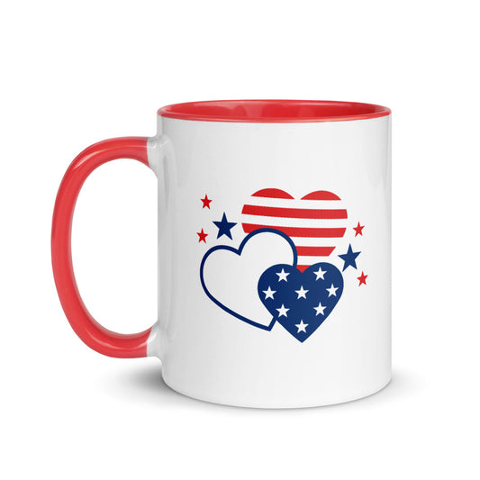 Close-up of the crisp FOX News Gutfeld! logo and heart graphics printed on a premium ceramic two-tone mug.