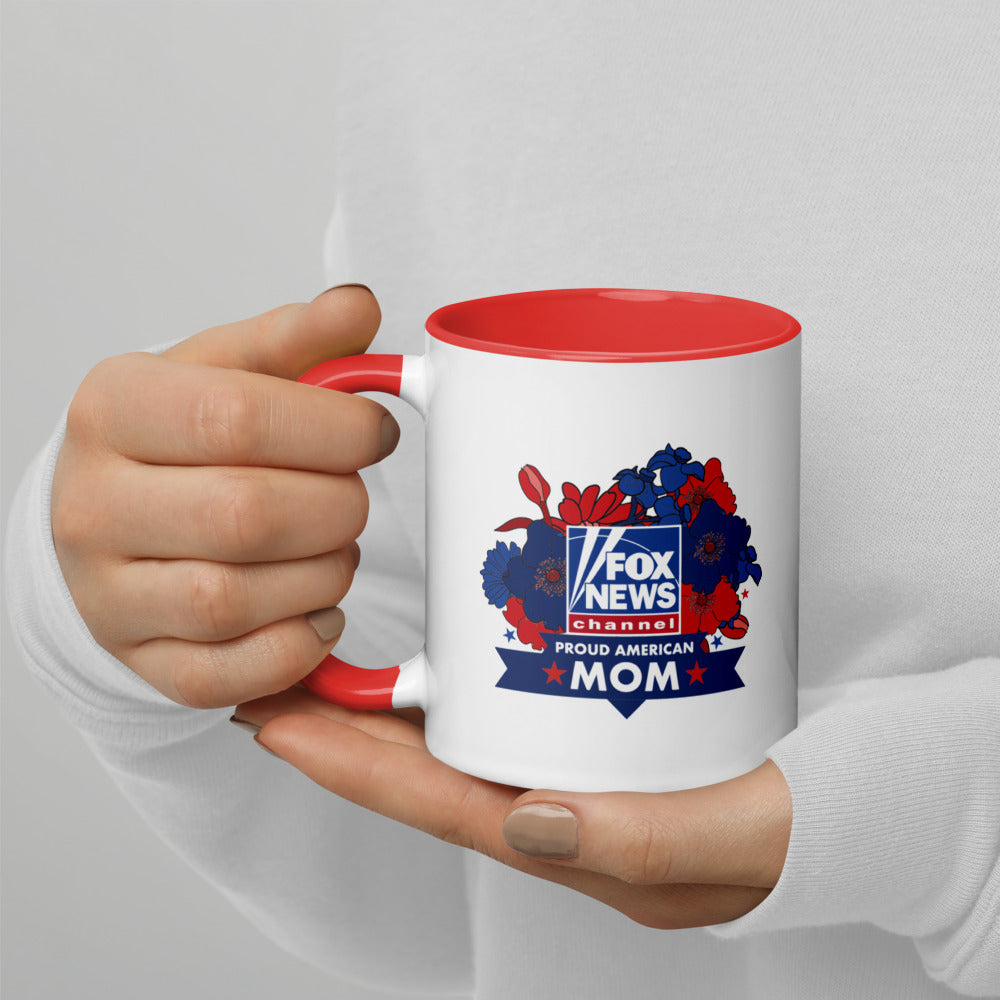 A patriotic-themed kitchen setting with the FOX News Proud American Mom mug surrounded by classic American home decor.