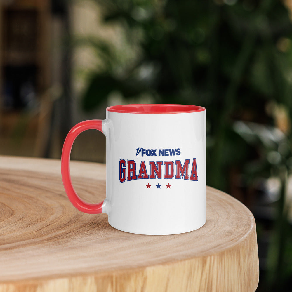 The 15 oz version of the FOX News Grandma Two-Tone Mug, showcasing the bold red accents and crisp white finish.