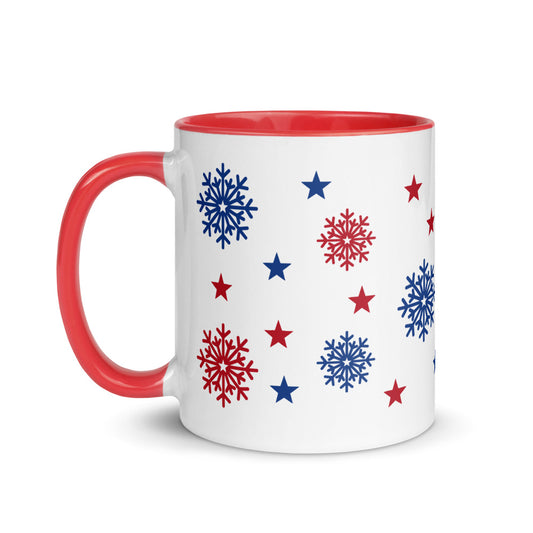 A FOX News Holiday Snowflakes Two Tone Mug with a bright red interior sitting on a clean wooden kitchen table in a suburban American home.-1