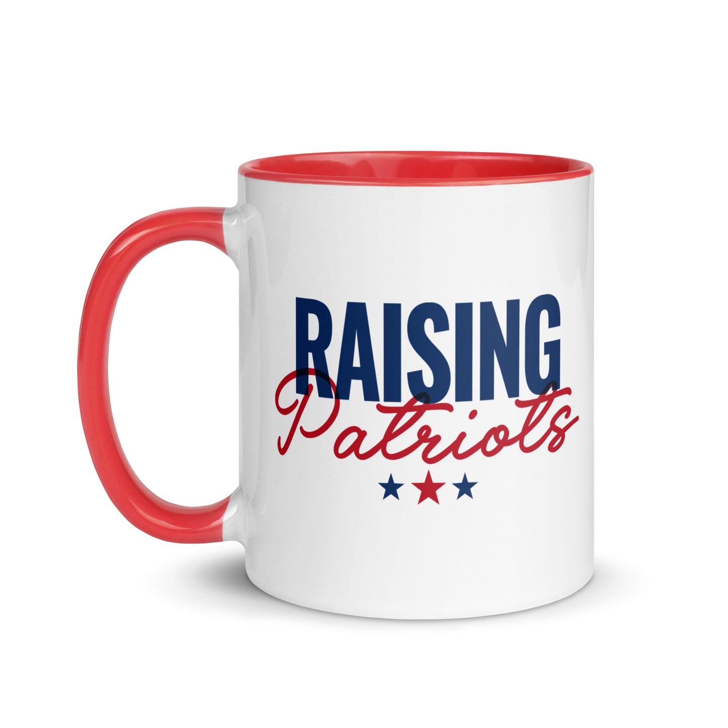 A ceramic two-tone coffee mug featuring the FOX News logo and Raising Patriots graphic against a clean kitchen countertop setting.