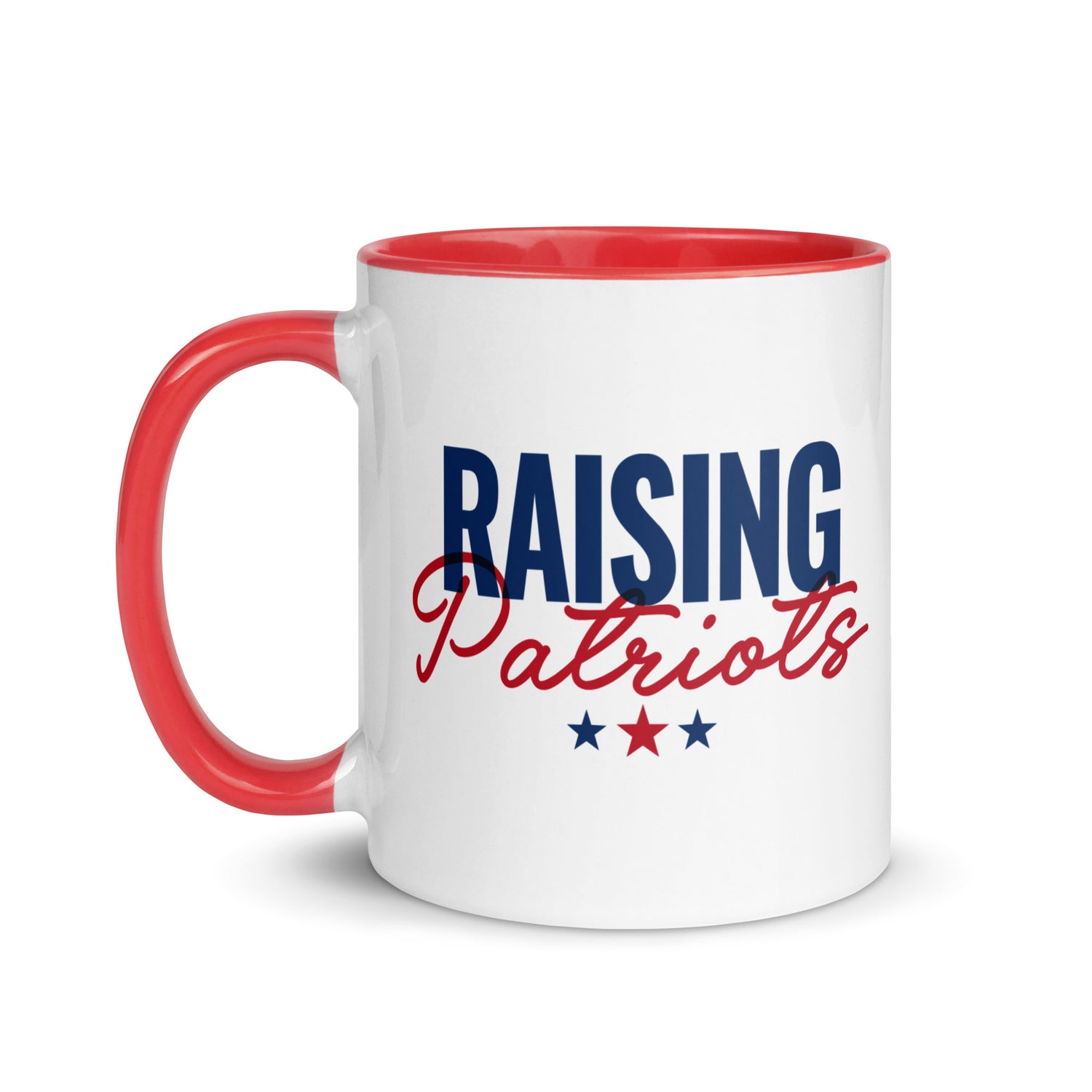A ceramic two-tone coffee mug featuring the FOX News logo and Raising Patriots graphic against a clean kitchen countertop setting.